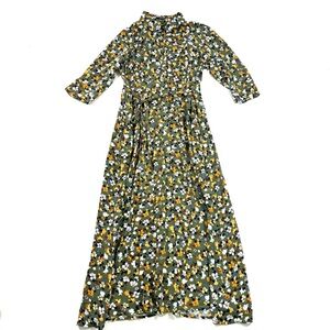 Eshakti Long Button Front Dress Green Floral Tie Front Waist